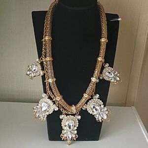 Statement Necklace With Mesh Chain And Bulky 2-tiered Clamped Crystal Accents